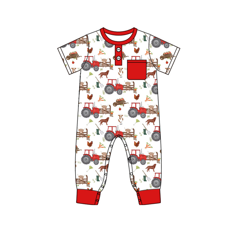 (Pre-order)SR2047 Tractor Farm Print Baby Boys Pocket Romper