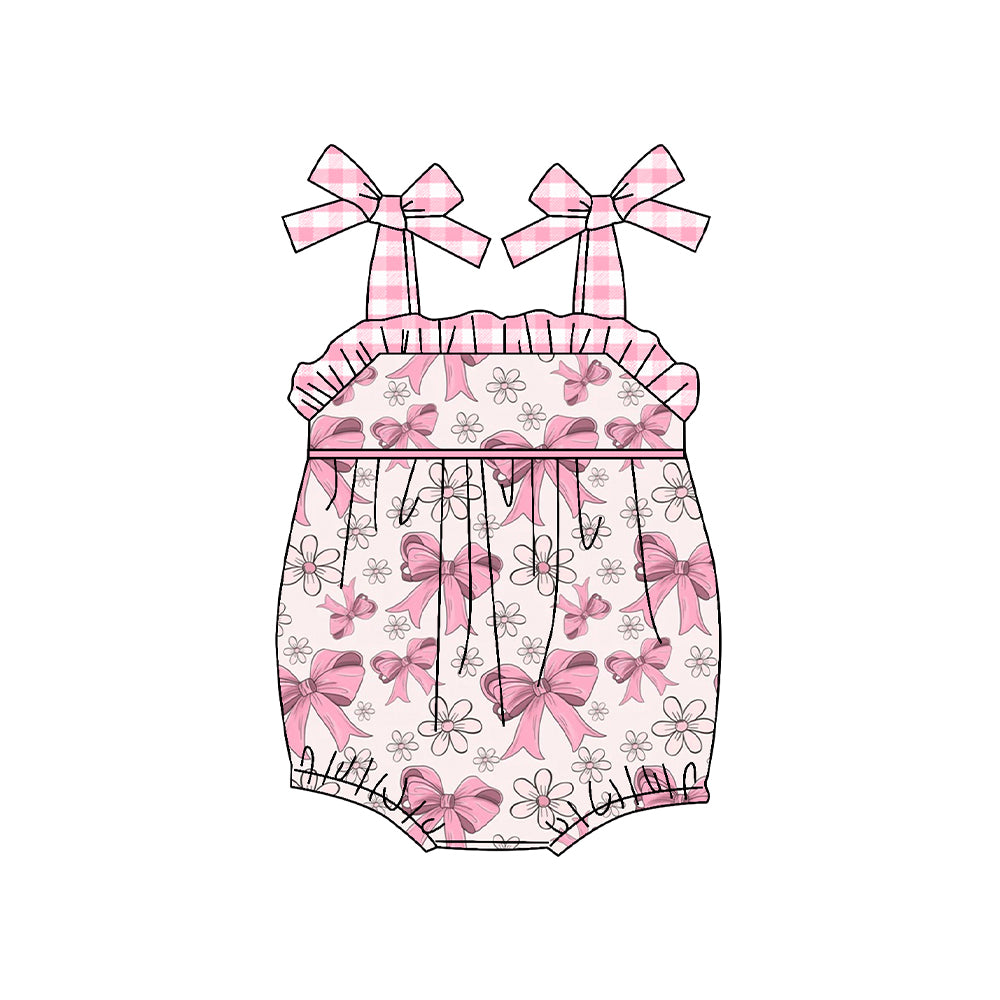 (Pre-order)SR2051 Pink Bows Flowers Print Baby Girls Summer Romper