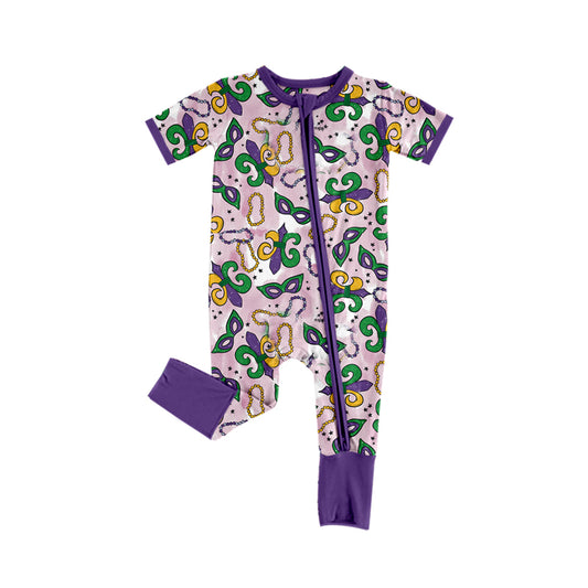 (Pre-order)SR2052 Mask Print Baby Girls Mardi Gras Sleeper Zipper Romper