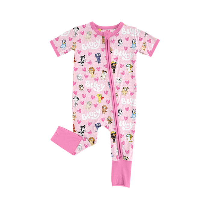 (Pre-order)SR2058 Cartoon Dog Heart Pink Print Baby Girls Valentine's Day Sleeper Zipper Romper