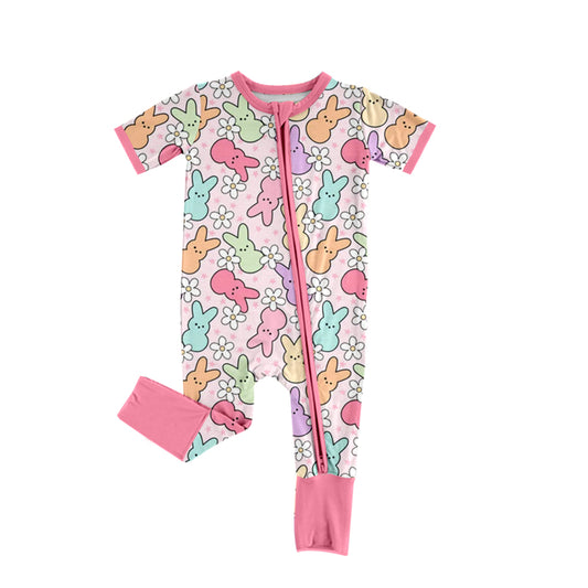 (Pre-order)SR2059 Colorful Bunny Flowers Print Baby Girls Easter Sleeper Zipper Romper