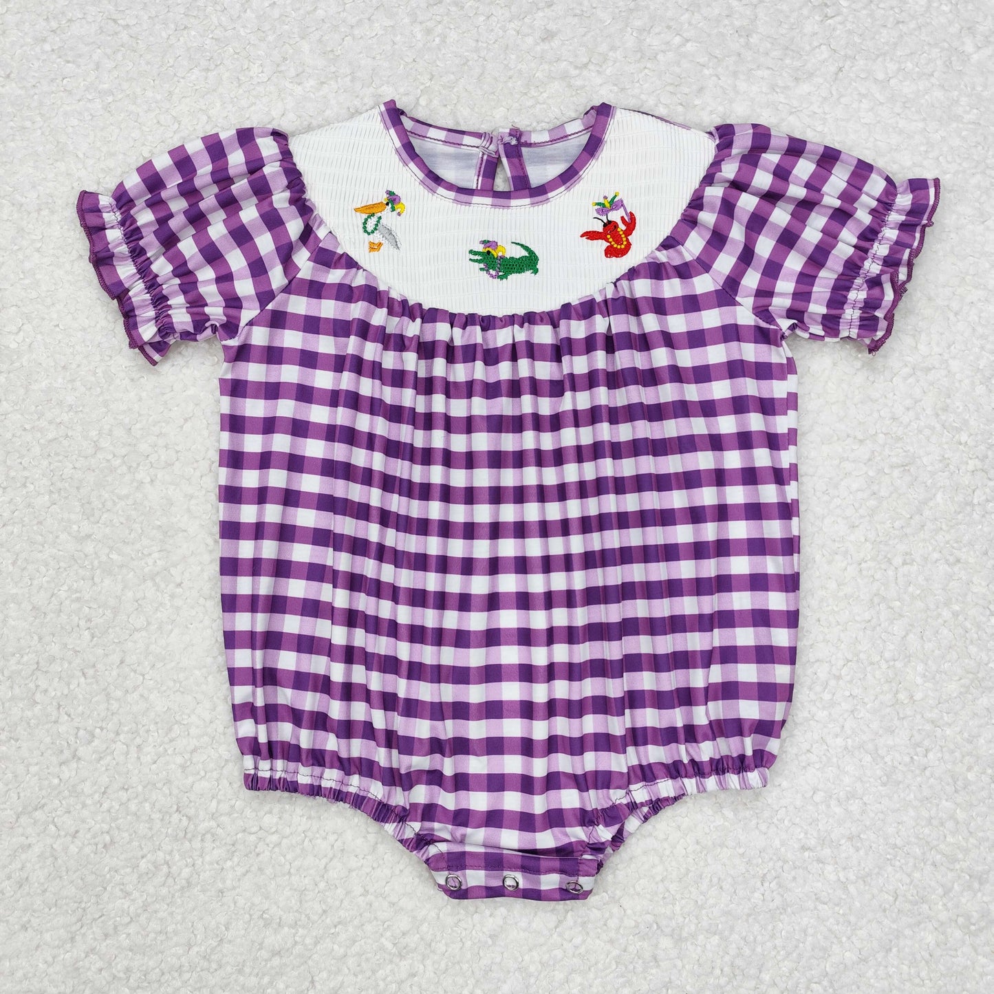 SR2060 Crocodile Bird Crayfish Embroidery Purple Plaid Print Baby Girls Mardi Gras Smocked Romper