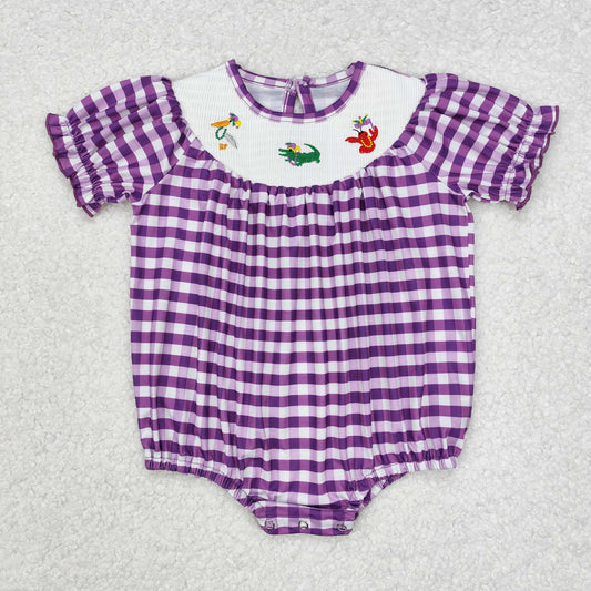 SR2060 Crocodile Bird Crayfish Embroidery Purple Plaid Print Baby Girls Mardi Gras Smocked Romper