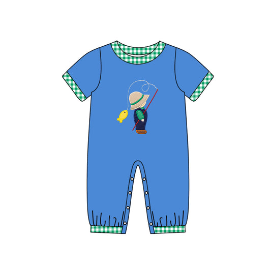 (Pre-order)SR2061  Fishing Blue Print Baby Boys Romper