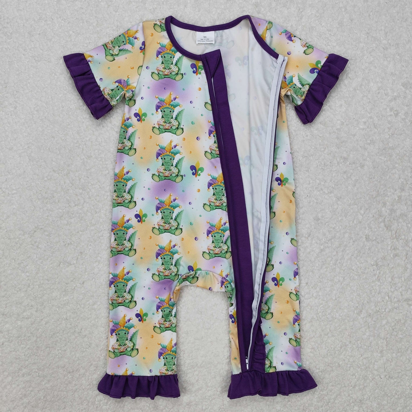 SR2068 Crocodile Tie-dye Print Baby Girls Mardi Gras Sleeper Zipper Romper