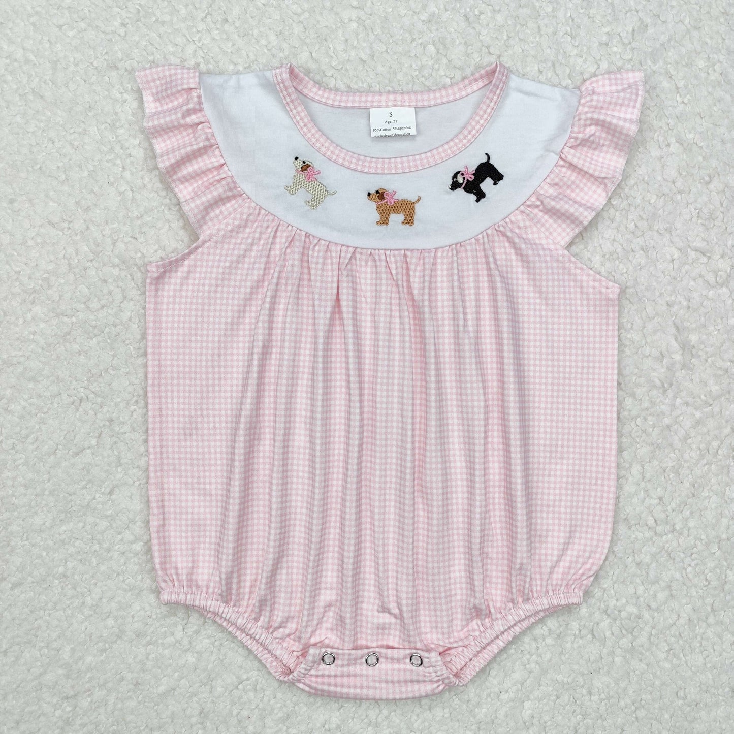 SR2073 Dog Embroidery Pink Plaid Print Baby Girls Summer Romper