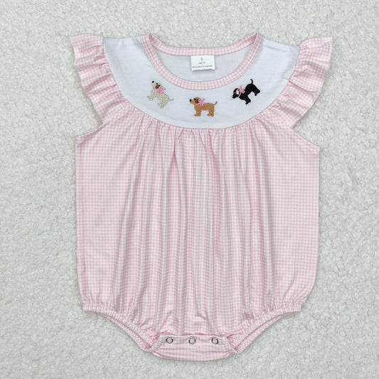 SR2073 Dog Embroidery Pink Plaid Print Baby Girls Summer Romper