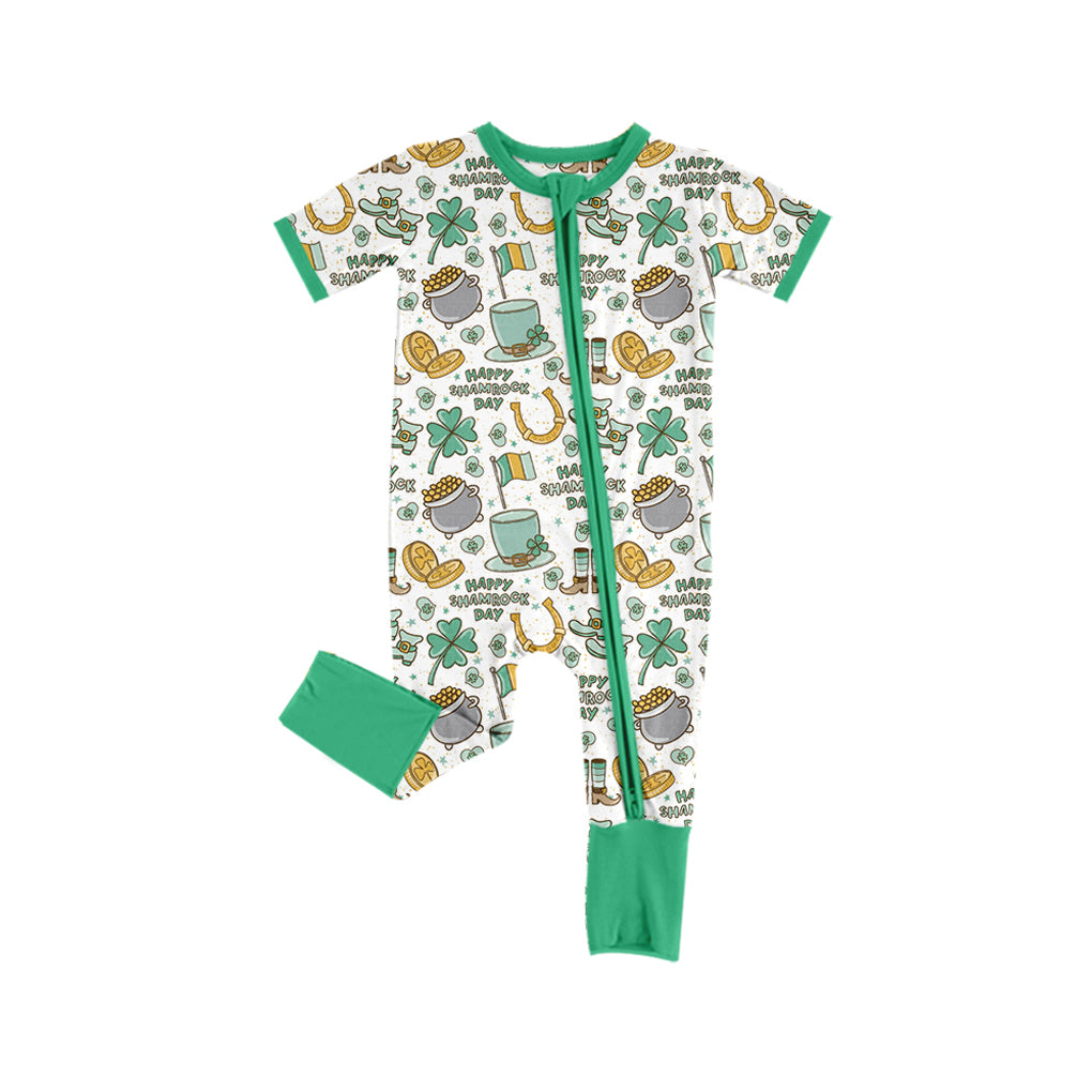 (Pre-order)SR2081 Gold Hat Green Print Baby St. Patrick's Day Sleeper Zipper Romper