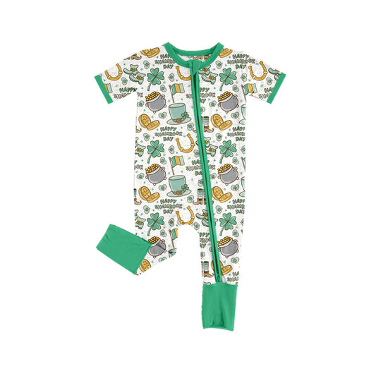 (Pre-order)SR2081 Gold Hat Green Print Baby St. Patrick's Day Sleeper Zipper Romper
