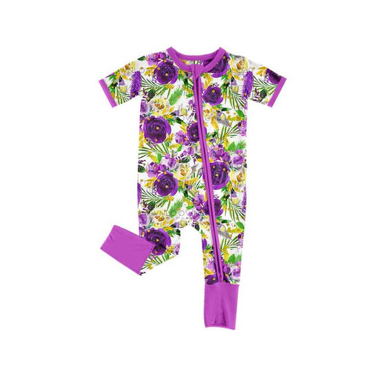 (Pre-order)SR2087 Purple Yellow Flowers Print Baby Girls Sleeper Zipper Romper