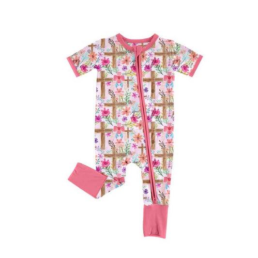 (Pre-order)SR2089 Flowers Cross Print Baby Girls Easter Sleeper Zipper Romper