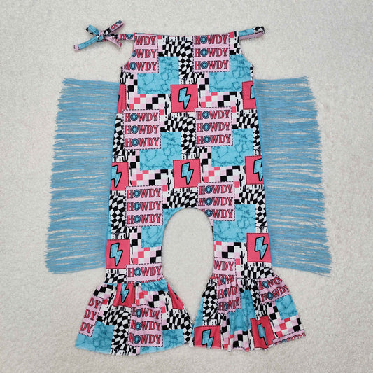 SR2090  Howddy Turquoise Print Girls Halter Tassels Western Jumpsuits