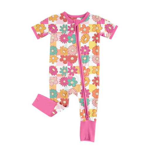 (Pre-order)SR2092 Flowers Smiling Print Baby Girls Sleeper Zipper Romper