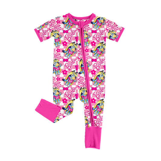 (Pre-order)SR2094 Cartoon Dog Pink BA Print Baby Girls Sleeper Zipper Romper