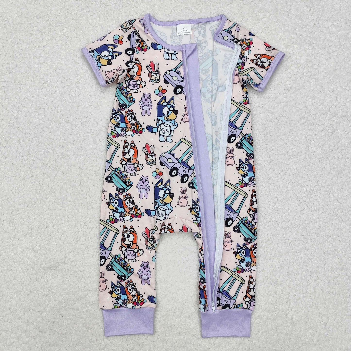 SR2095 Cartoon Dog Purple Print Baby Girls Easter Sleeper Zipper Romper