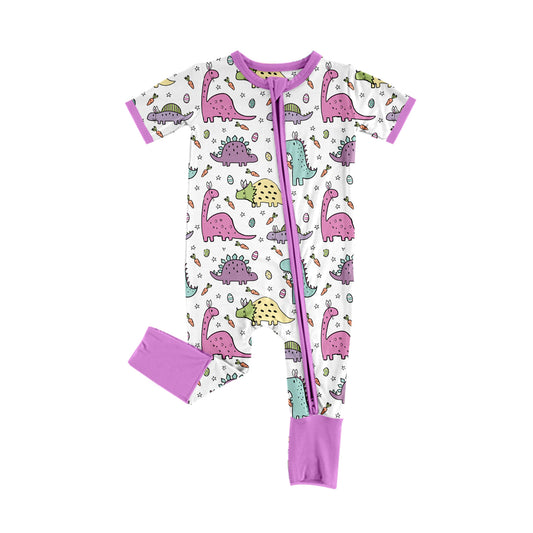 (Pre-order)SR2096 Dino Purple Print Baby Girls Sleeper Zipper Romper