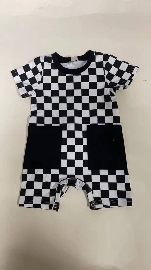 (Pre-order)SR2097 Black Plaid Print Pockets Baby Boys Summer Romper