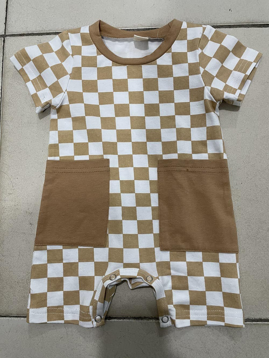 (Pre-order)SR2098 Brown Plaid Print Pockets Baby Boys Summer Romper