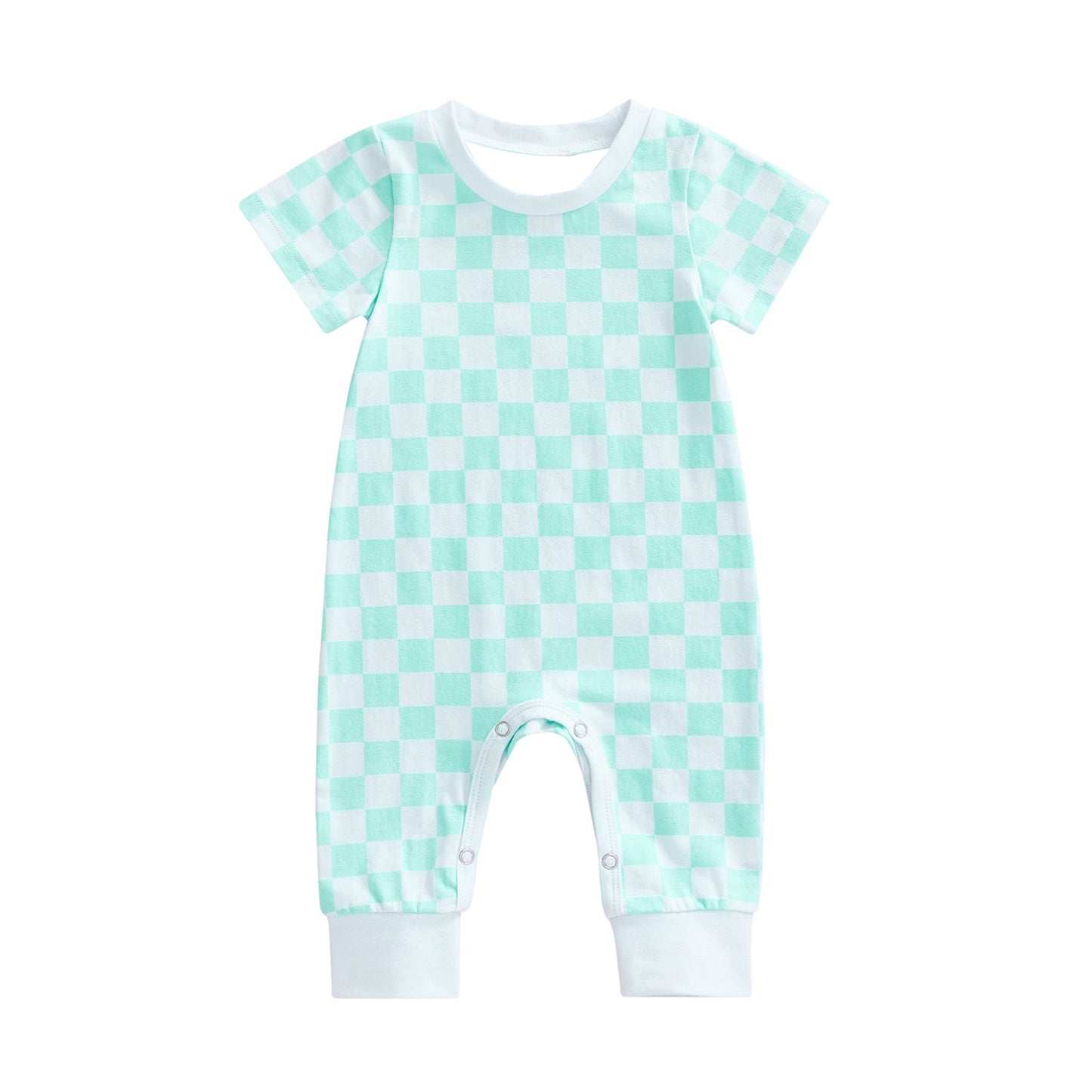 (Pre-order)SR2099 Aqua Plaid Print Baby Girls Summer Romper