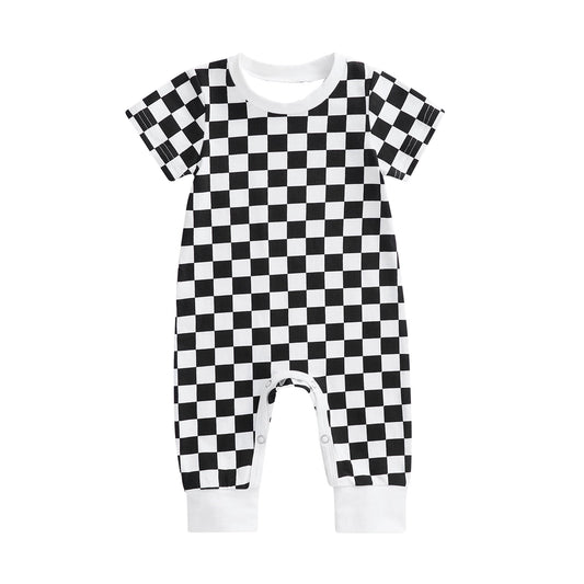 (Pre-order)SR2100 Black Plaid Print Baby Girls Summer Romper
