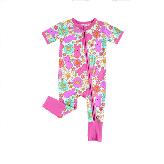 (Pre-order)SR2106 Bunny Hotpink Flowers Print Baby Girls Easter Sleeper Zipper Romper