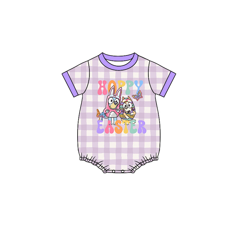 (Pre-order)SR2107 Cartoon Dog Purple Plaid Print Baby Girls Easter Romper