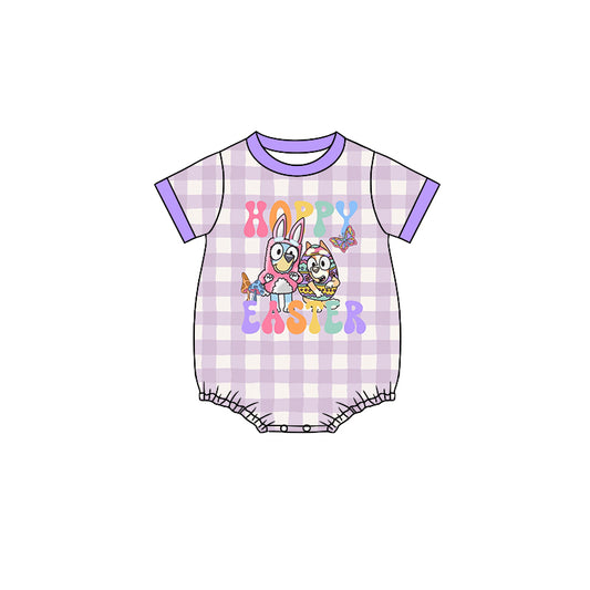 (Pre-order)SR2107 Cartoon Dog Purple Plaid Print Baby Girls Easter Romper