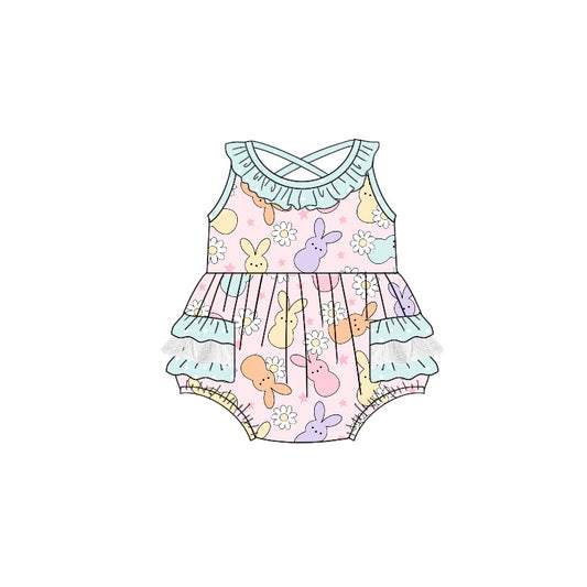 (Pre-order)SR2108 Bunny Flowers Print Baby Girls Easter Bubble Romper