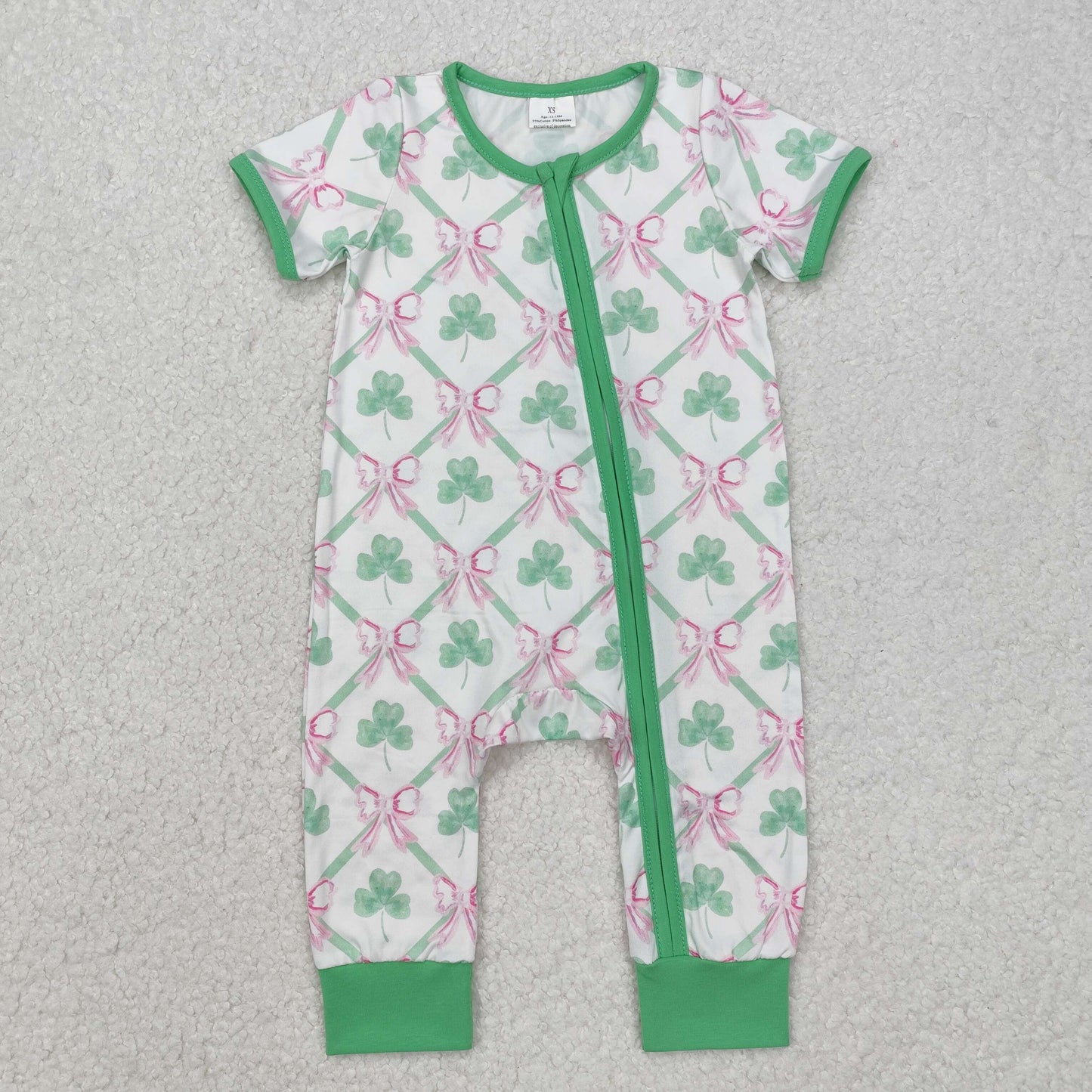 SR2109 Leaf Bows Print Baby Girls St. Patrick's Day Sleeper Zipper Romper