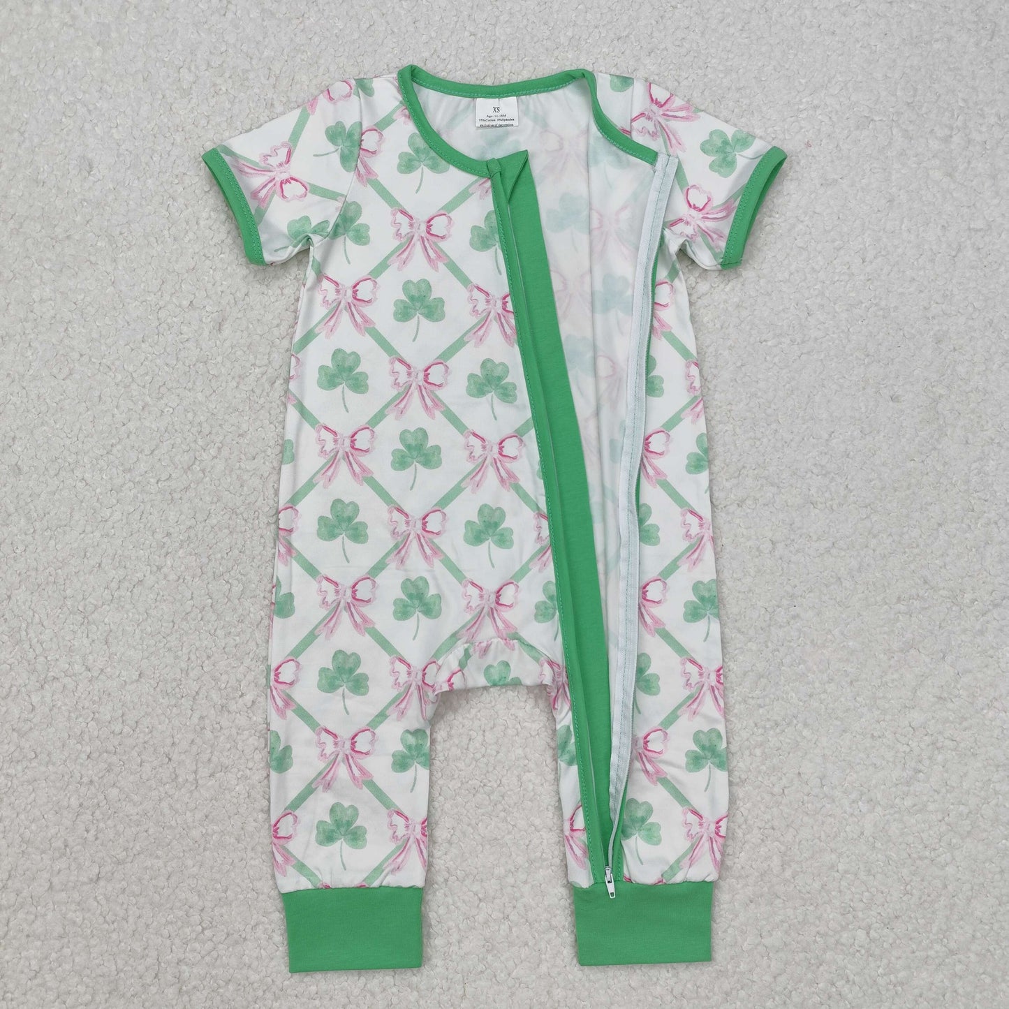 SR2109 Leaf Bows Print Baby Girls St. Patrick's Day Sleeper Zipper Romper