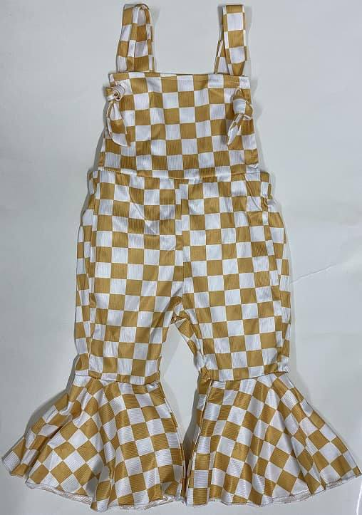 (Pre-order)SR2112  Brown Plaid Print Girls Jumpsuits