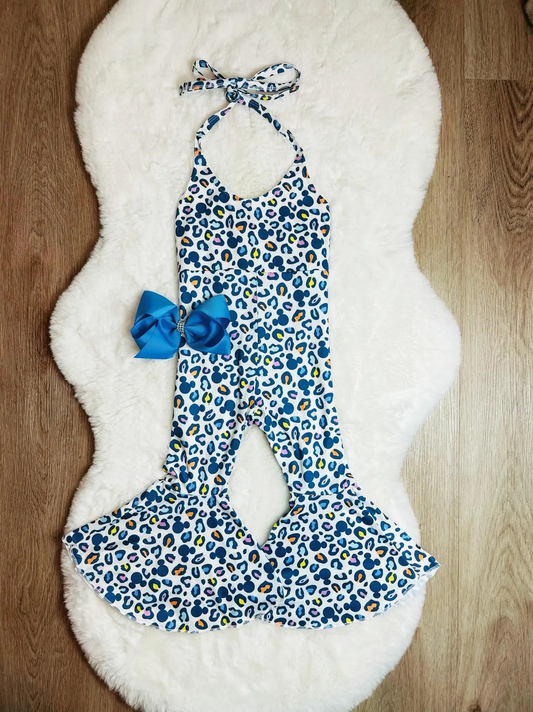 (Pre-order)SR2115  Cartoon Mouse Blue Leopard Print Girls Halter Jumpsuits