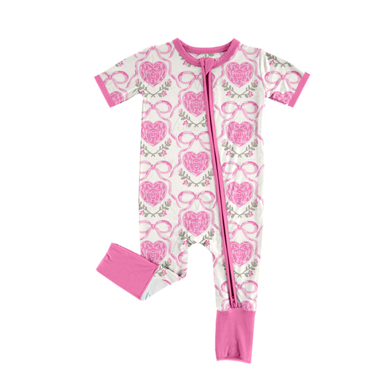 (Pre-order)SR2117 Heart Rose Bows Print Baby Girls Valentine's Day Sleeper Zipper Romper