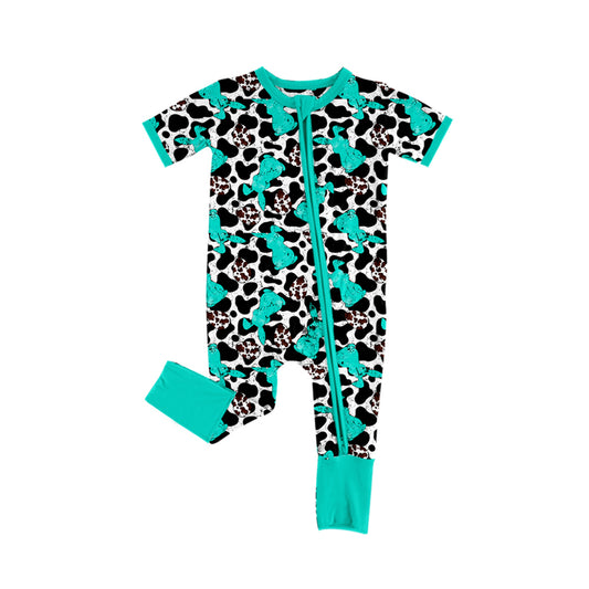 (Pre-order)SR2118 Bunny Eggs Turquoise Print Baby Girls Easter Western Sleeper Zipper Romper