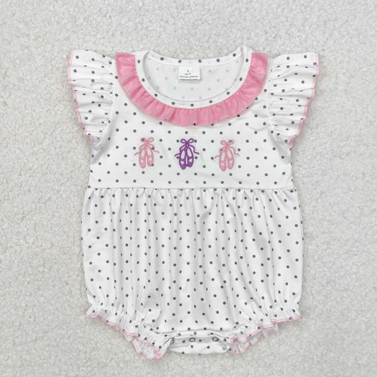 SR2119 Dance Shoes Embroidery Dots Print Baby Girls Summer Romper