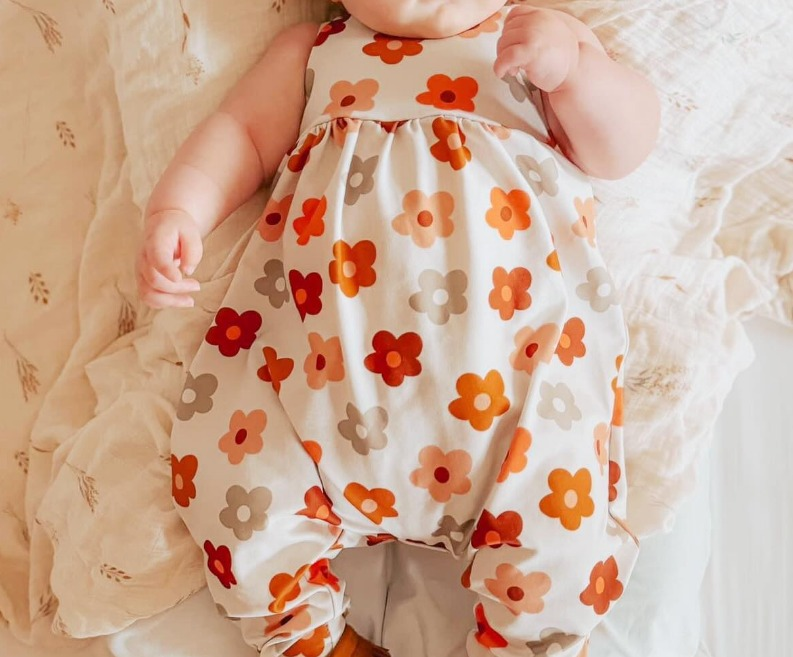 (Pre-order)SR2120 Orange Flowers Print Baby Girls Summer Romper