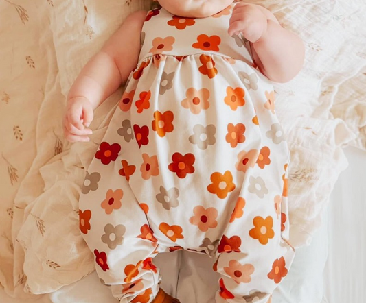 (Pre-order)SR2120 Orange Flowers Print Baby Girls Summer Romper