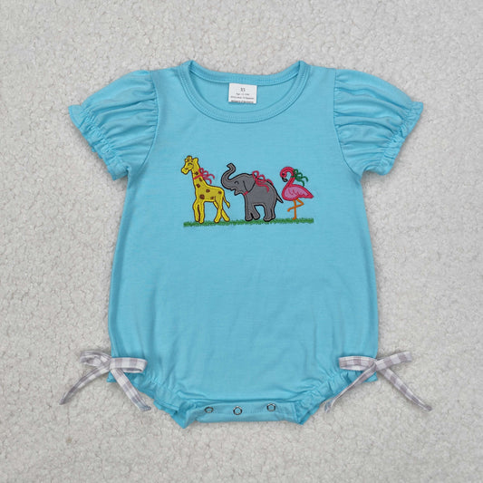 SR2124 Animals Embroidery Blue Color Baby Girls Summer Romper