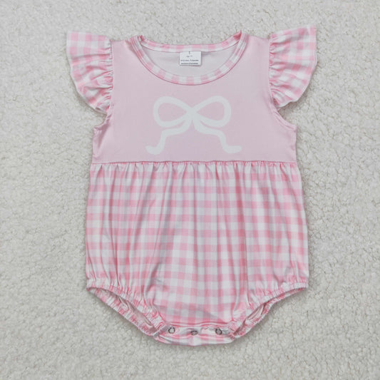 SR2135 Bows Pink Plaid Print Baby Girls Summer Romper