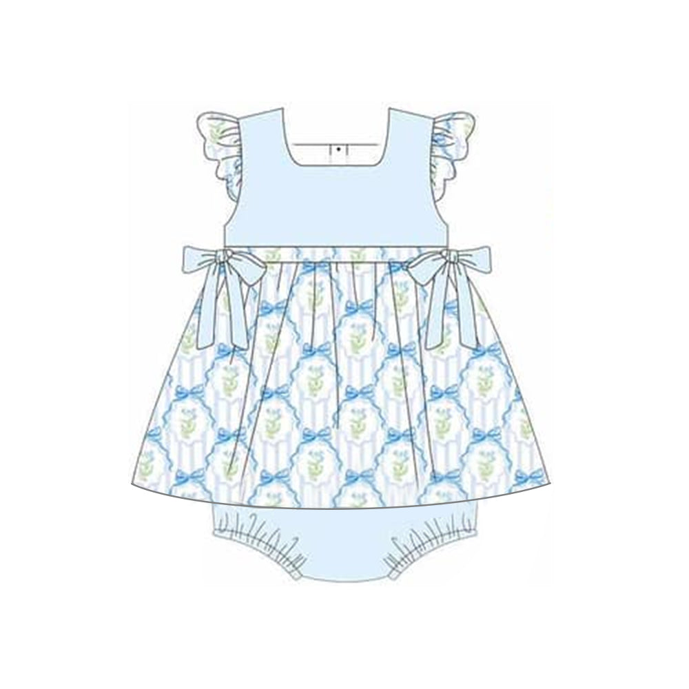 (Pre-order)SR2138 Blue Flowers Bows Print Baby Girls Summer Romper