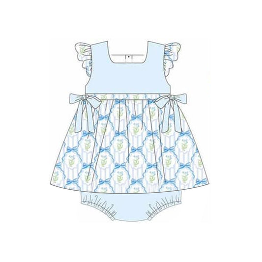 (Pre-order)SR2138 Blue Flowers Bows Print Baby Girls Summer Romper