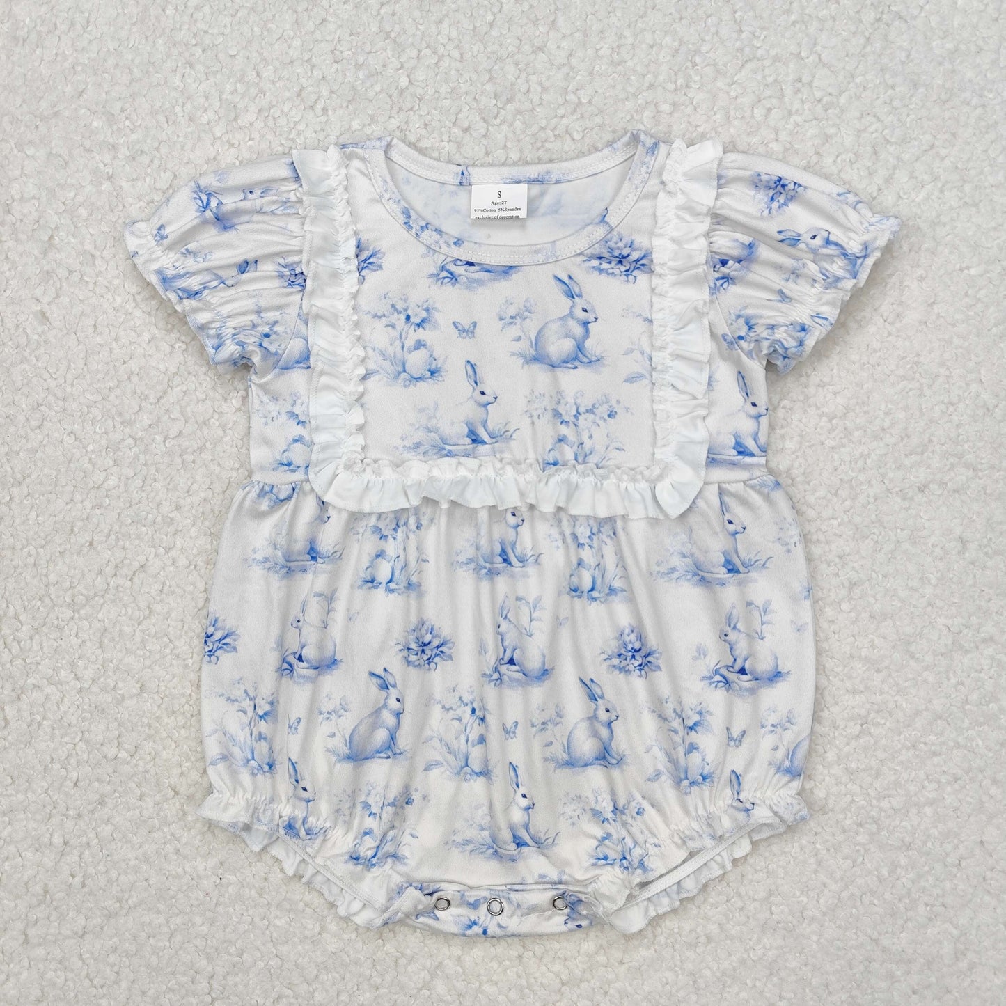 SR2143 Bunny Blue Flowers Print Baby Girls Easter Romper