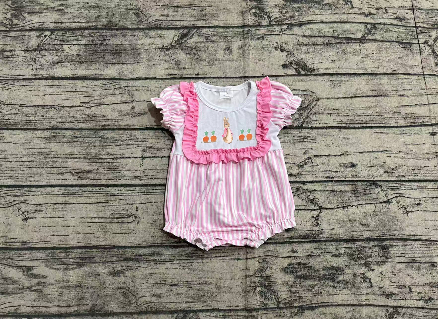 (Pre-order)SR2144 Bunny Pink Stripes Print Baby Girls Easter Romper