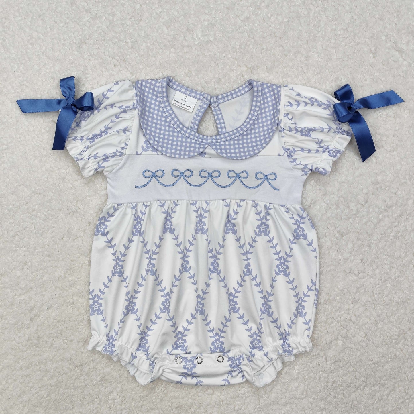 SR2146 Bows Embroidery Flowers Blue Print Baby Girls Summer Romper