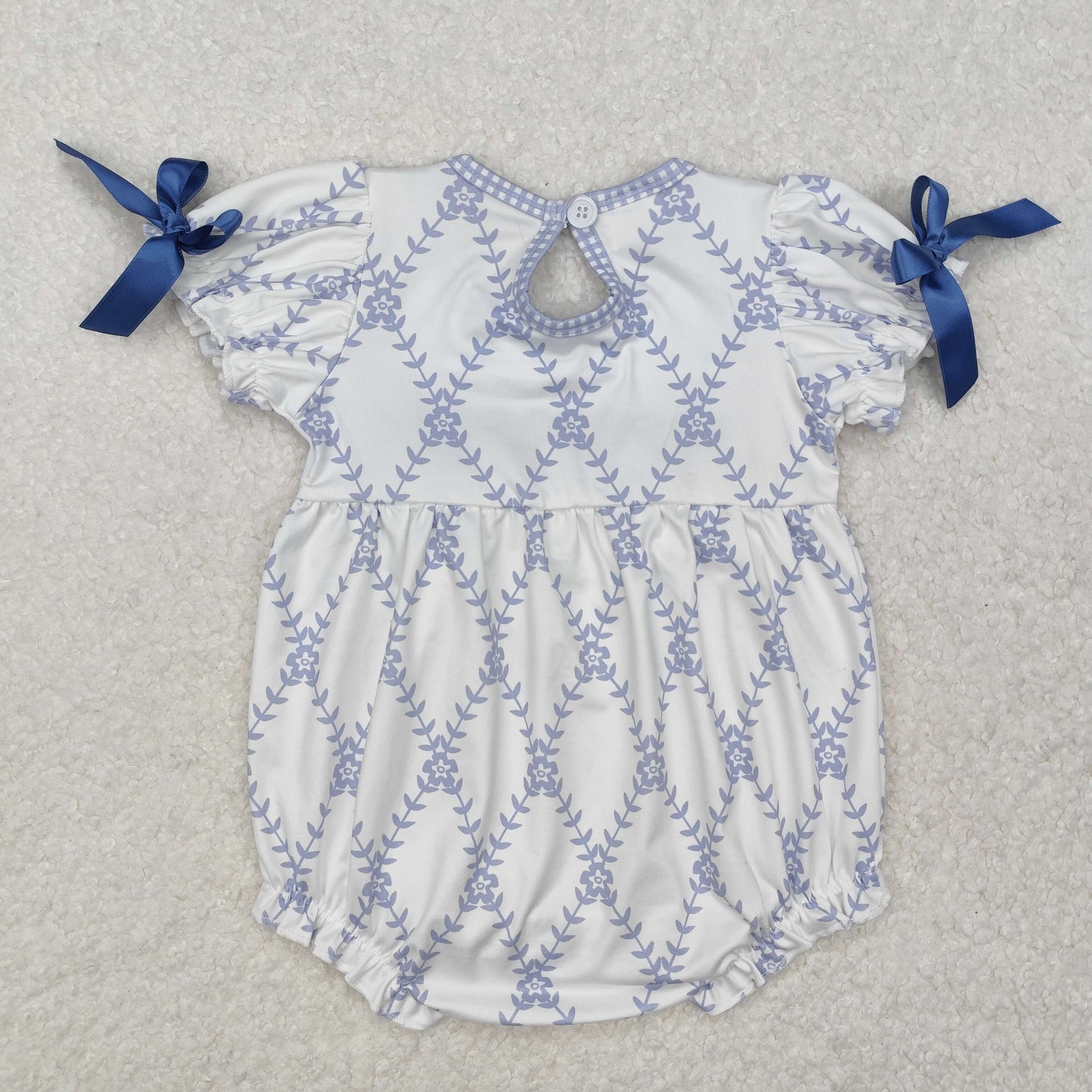 SR2146 Bows Embroidery Flowers Blue Print Baby Girls Summer Romper