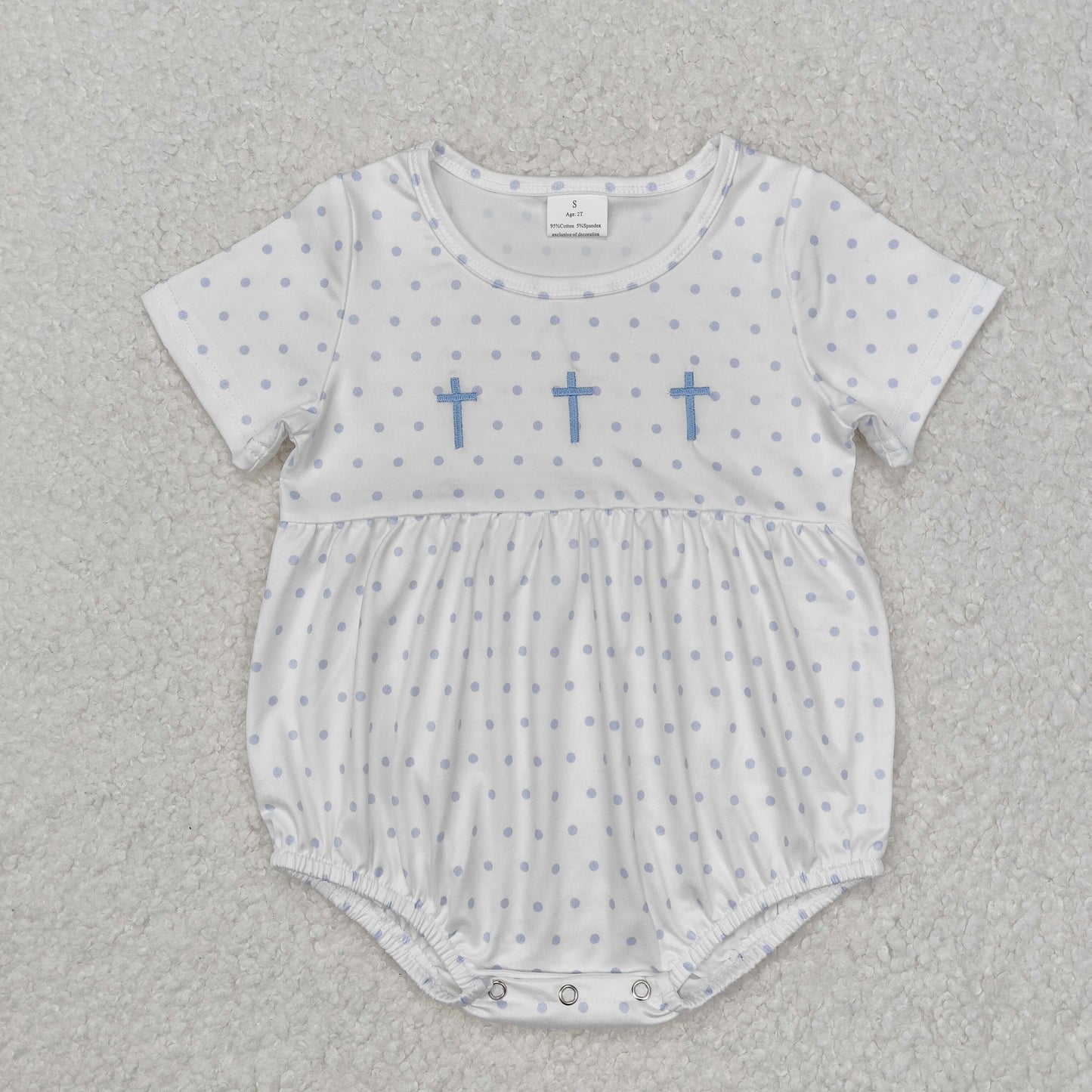 SR2147 Cross Embroidery Blue Dots Print Baby Boys Easter Romper