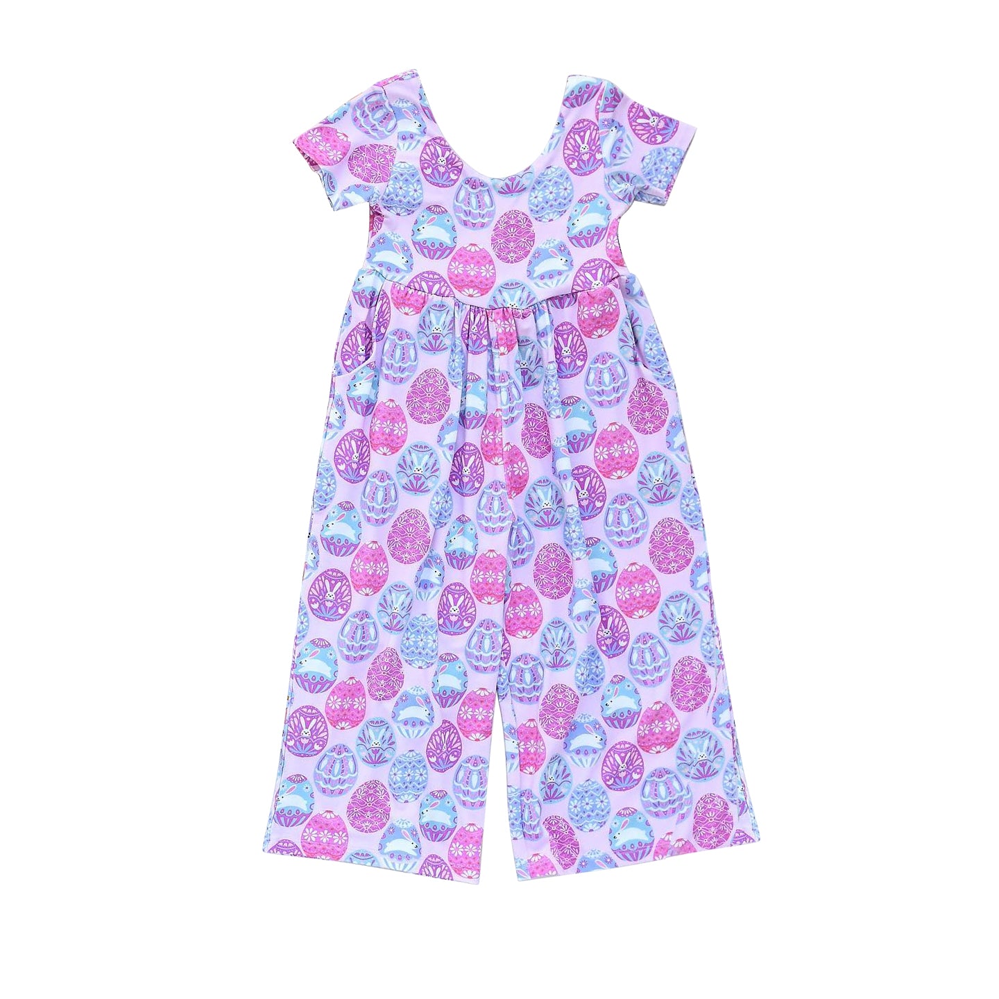 (Pre-order)SR2152 Bunny Eggs Flowers Print Girls Easter Jumpsuits