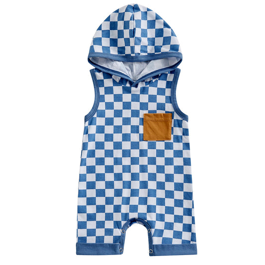 (Pre-order)SR2153 Blue Plaid Print Baby Boys Summer Hoodie Romper