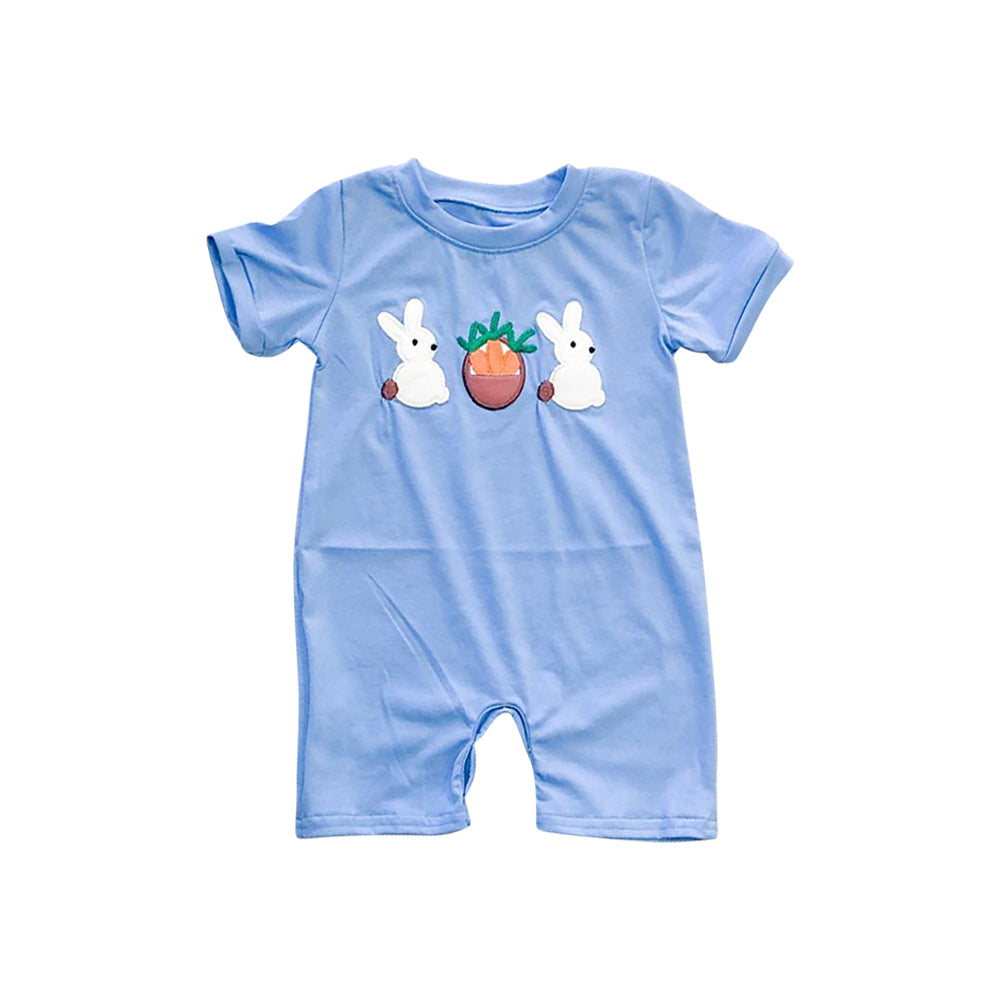 (Pre-order)SR2158 Bunny Carrot Blue Print Baby Boys Easter Romper