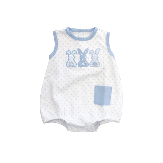 (Pre-order)SR2160 Bunny Blue Dots Print Pocket Baby Easter Romper